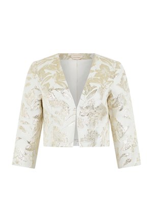 Weißer kurz geschnittener Blazer mit beigem und metallisch goldenem Blumenmuster, Dreiviertelärmeln und offenem Vorderteil.