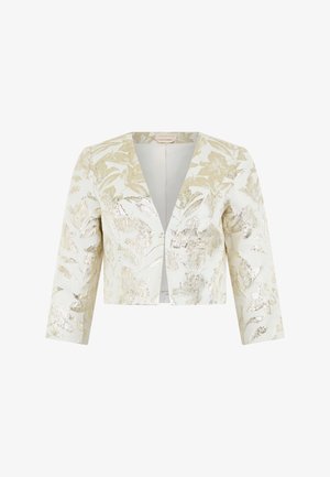 Weißer kurz geschnittener Blazer mit beigem und metallisch goldenem Blumenmuster, Dreiviertelärmeln und offenem Vorderteil.