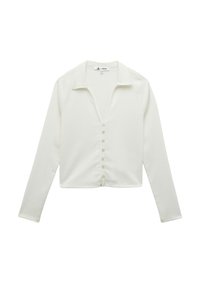 Witte lange mouwen knoopbloes met kraag, gemaakt van textuurstof. Heeft een v-hals en zeven knopen aan de voorkant.