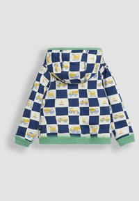 Felpa con cappuccio blu e crema, caratterizzata da un motivo a scacchi con veicoli da costruzione gialli. Dettagli verdi ai polsini e all'orlo.