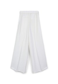 Pantaloni bianchi a gamba larga con vita elastica. Realizzati in tessuto testurizzato, presentano due tasche posteriori e una vestibilità comoda.