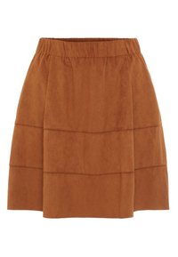 Brauer Wildledrrock mit elastischem Bund, der gestaffelte Abschnitte aufweist, die durch subtile Nahtlinien getrennt sind. Glatte Textur und ausgestellt geschnitten.