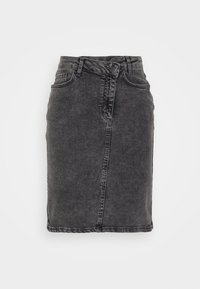 Mustahuulihame denimkankaasta, jossa on haalistunut pinta. Hameessa on edessä napitus, vyölenkit ja kaksi etutaskua. Sujuva rakenne.