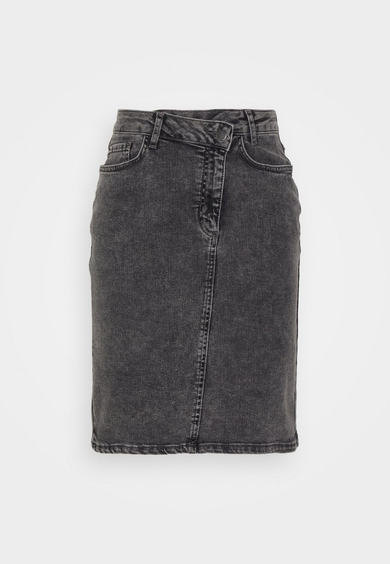 Mustahuulihame denimkankaasta, jossa on haalistunut pinta. Hameessa on edessä napitus, vyölenkit ja kaksi etutaskua. Sujuva rakenne.