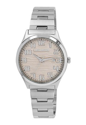 Silver metal wristwatch featuring a light wooden-textured dial, large Arabic numeral markers, and a date window at 3 o'clock.