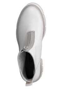 White ankle boots made of smooth leather with a side zipper, round toe, and a textured rubber sole. No visible branding or patterns.