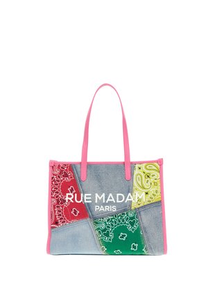 Tote bag with pink handles and trim, patchwork denim and bandana prints in red, green, and yellow, with "RUE MADAM PARIS" text on front.