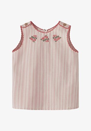 Haut sans manches rayé rose et blanc pour tout-petit avec bords festonnés, boutons en bois sur les épaules et fleurs roses brodées sur la poitrine.