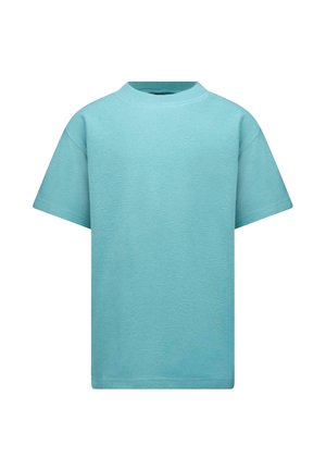 Lichtblauw T-shirt met korte mouwen in een gestructureerde stof, met een ronde, geribbelde halslijn en een losse pasvorm. Geen zichtbare logo's of patronen.