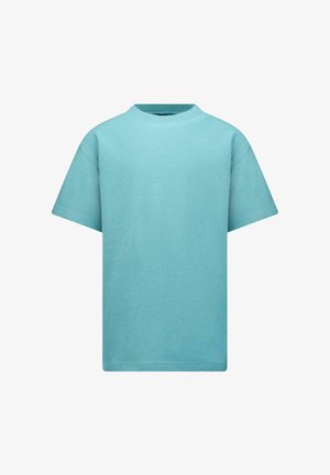 Lichtblauw T-shirt met korte mouwen in een gestructureerde stof, met een ronde, geribbelde halslijn en een losse pasvorm. Geen zichtbare logo's of patronen.