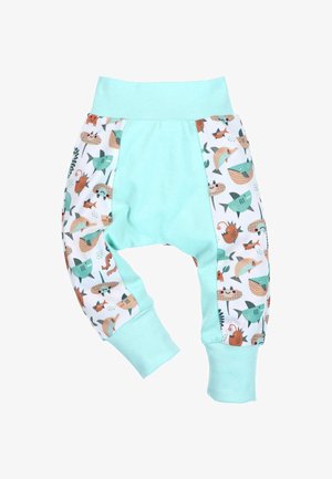 Bawełniane spodnie dla małych dzieci z jasnoniebieskim pasem i ściągaczami, z białą wstawką ozdobioną kolorowymi ilustracjami morskich zwierząt.