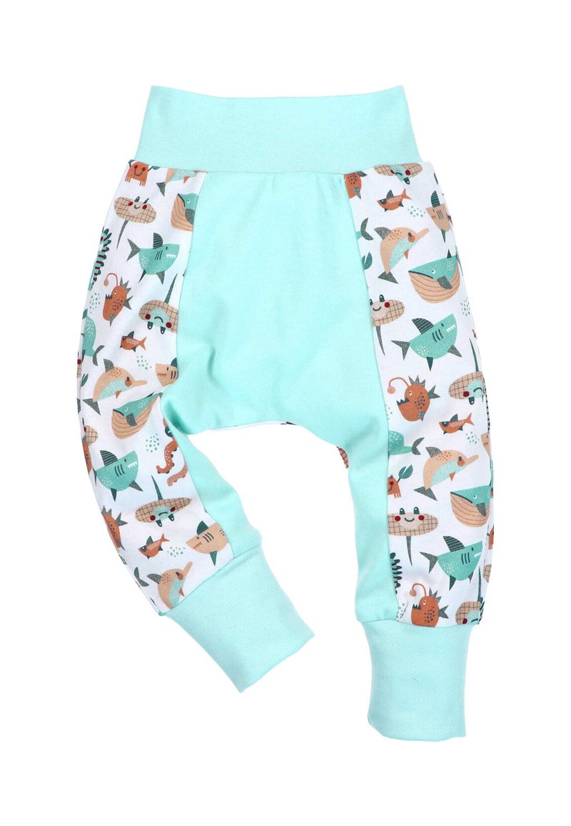 Cotton toddler pants with a light blue waistband and cuffs, featuring a white panel adorned with colorful sea animal illustrations.