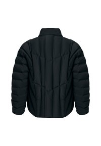 Schwarze Steppjacke mit hohem Kragen, gestepptem Design mit vertikalen Nähten und gepolsterten Ärmeln für zusätzliche Isolierung.
