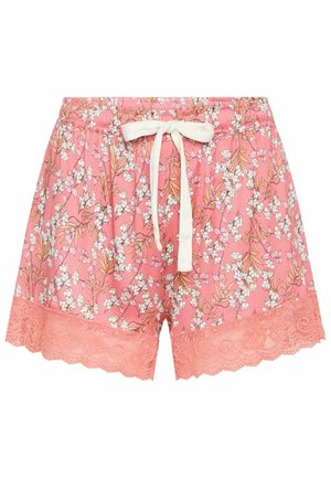 Floral-patterned pink shorts with white lace trim and a drawstring waistband. Made of lightweight fabric, featuring a loose fit design.