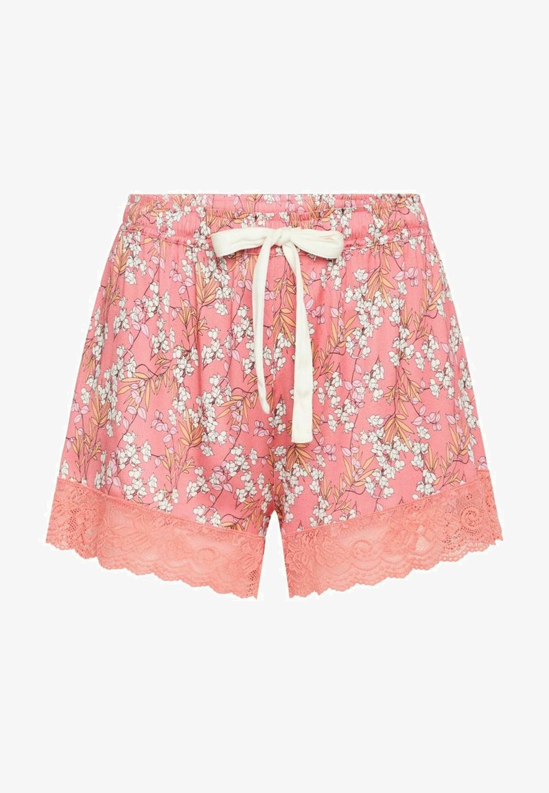 Rožinės šortai su gėlių raštu, balta nėriniu apvadu ir su raišteliu juosmenyje. Pagaminti iš lengvos medžiagos, pasižymi laisvu siluetu.