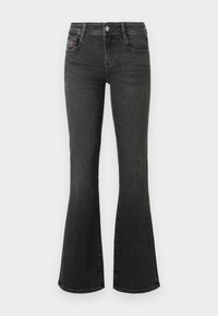 Μαύρο τζιν παντελόνι καμπάνα με μέση στο ύψος, σχεδιασμό με πέντε τσέπες και ραφή λεπτομέρεια στις τσέπες. Λείο υφή με ελαφριά γυαλάδα.