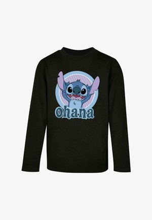 Schwarzes Langarm-T-Shirt mit einem Grafik eines cartoonhaften Charakters mit vergrößerten Ohren und einem fröhlichen Gesichtsausdruck, umgeben von einem blauen Kreis.