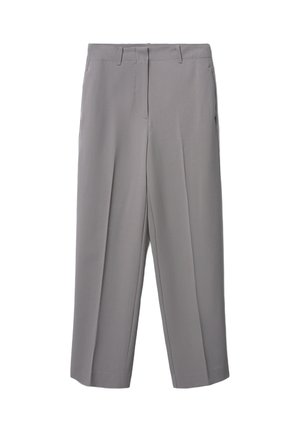 Pantalons plissés gris avec une coupe droite, fabriqués à partir d'un tissu lisse, dotés de deux poches latérales et d'une fermeture frontale dissimulée.
