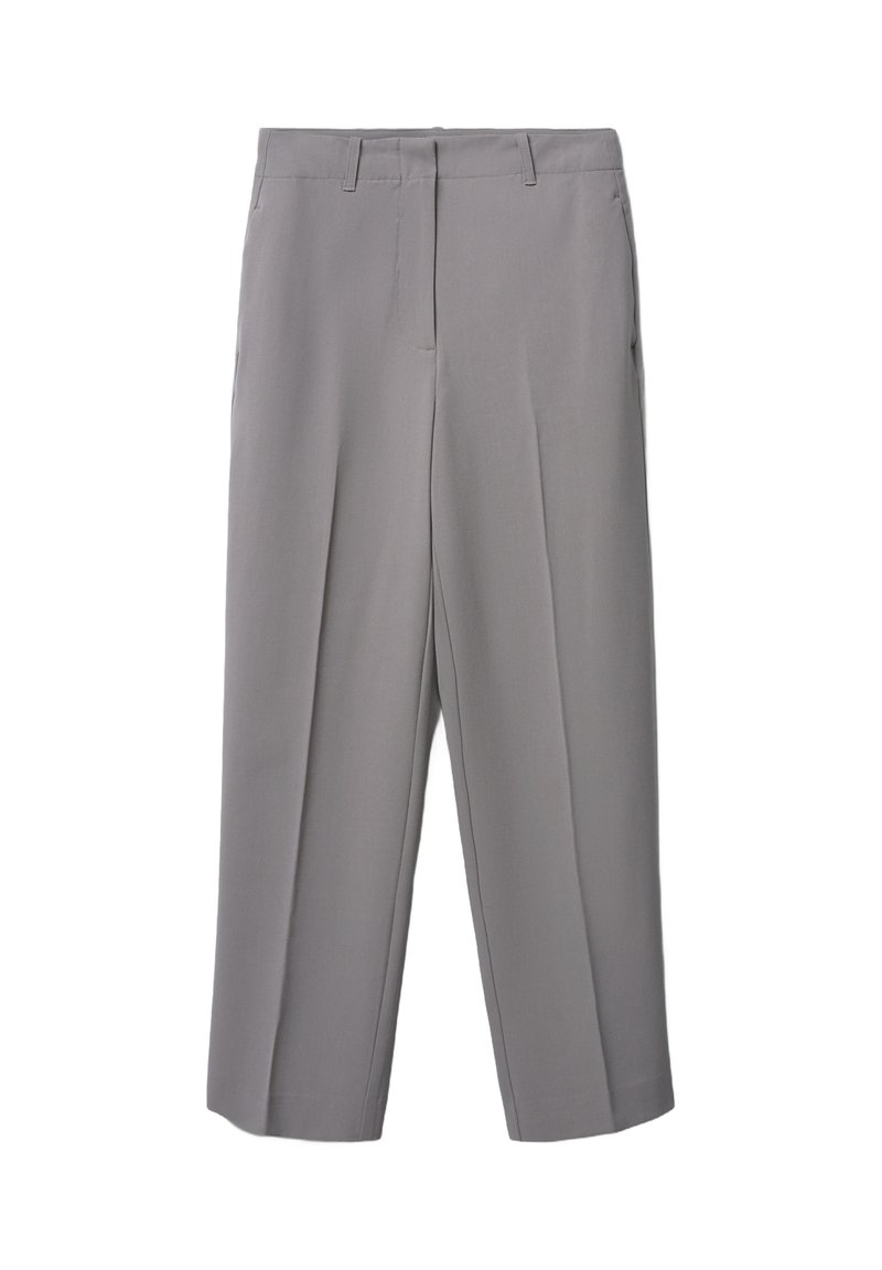 Pantalons plissés gris avec une coupe droite, fabriqués à partir d'un tissu lisse, dotés de deux poches latérales et d'une fermeture frontale dissimulée.