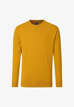 Geel ronde hals trui met lange mouwen, gemaakt van een gladde stof. Heeft ribgebreide manchetten en een zoom voor een aangesloten look. Geen patronen of accenten.