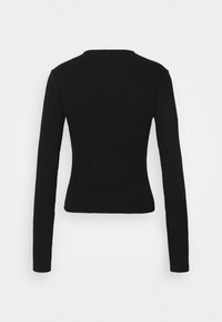 Long-sleeve black fitted top, round neckline, knit texture, smooth fabric, no visible hardware or patterns, back view displayed.