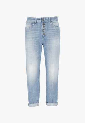 Jeans in denim azzurro chiaro con chiusura frontale a bottoni, cinque bottoni, orli arrotolati e una vestibilità leggermente rilassata. Nessun segno di usura visibile.