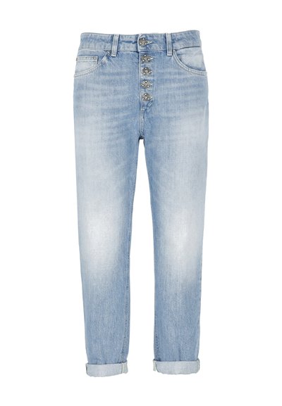 Jeans in denim azzurro chiaro con chiusura frontale a bottoni, cinque bottoni, orli arrotolati e una vestibilità leggermente rilassata. Nessun segno di usura visibile.