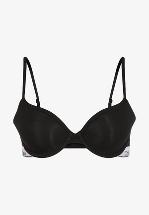 Fekete párnázott melltartó állítható pántokkal, sima anyagból és logóval kiemelt szalaggal. Zökkenőmentes kialakítása és merevítője támogatást biztosít.