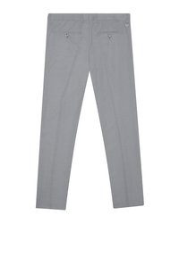 Pantaloni grigi con una texture sottile, design tradizionale, due tasche posteriori con bottoni e taglio dritto.