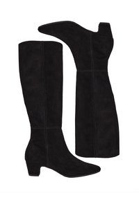 Bottes hautes noires en daim, avec talons bas et épais, bouts pointus et coutures visibles, vues de côté et de la semelle.