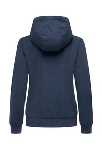 Navy blue long-sleeve hooded jacket with ribbed cuffs and hem, shown from the back on a white background.