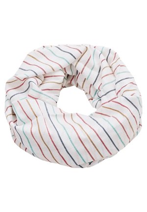 Biała gumka z tkaniny z równomiernie rozmieszczonymi pionowymi paskami w kolorach czerwonym, morskim, musztardowym i ciemnoszarym.