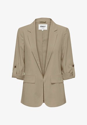Blazer beige pour femme avec manches retroussées, poches à rabat à l'avant, revers en cranté et design à ouverture frontale.