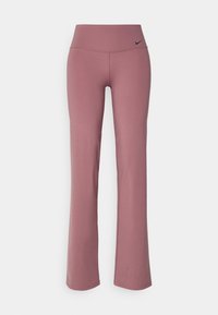 Pantalons violets en tissu extensible, dotés d'une taille haute et d'un logo Nike discret. Design évasé avec une texture lisse.