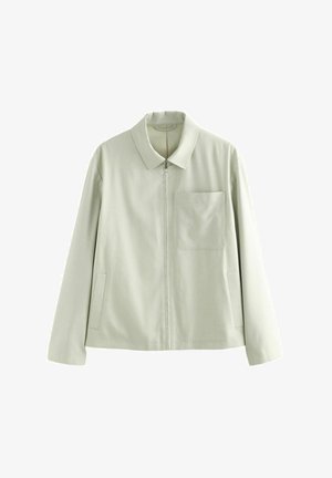 Lys grøn jakke med krave, frontlynlås, enkelt lomme på venstre bryst og sidelommer; lavet af struktureret stof.