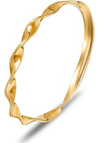 Guldtonad vriden ring med en slät, reflekterande yta, med en vågig design och enhetlig tjocklek genom hela ringen.