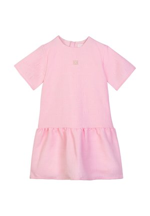Vestito rosa chiaro a maniche corte con motivo strutturato, gonna arricciata e piccolo emblema dorato con logo al centro del petto.