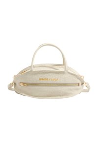 Borsa a tracolla in pelle di colore crema con finiture in oro, dotata di manico superiore e tasca con zip frontale. Logo "BIMBA Y LOLA" impresso sul davanti.