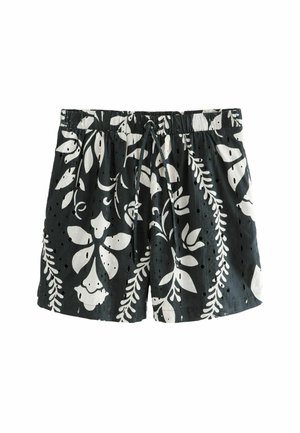 Schwarze Shorts mit floralem Muster, die weiße botanische Designs zeigen, Gummibund mit Kordelzug und Lochmuster für Atmungsaktivität.