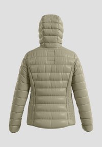 Padded khaki jacket with a hood, featuring vertical stitching and a fitted design. Smooth, lightweight fabric with a sleek texture.