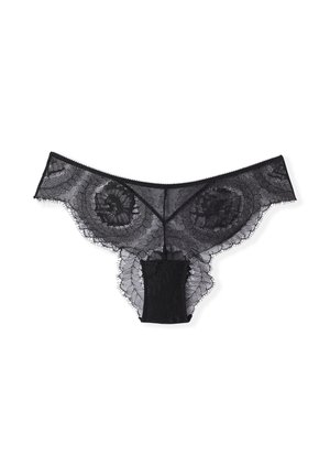 Black lace thong featuring floral patterns with scalloped edges, semi-transparent design, and a solid black center panel.