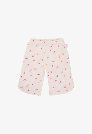 Shorts beige clair avec une texture douce, ornés d'un motif d'empreintes d'oiseaux roses et bleues. Taille élastique et poches latérales.
