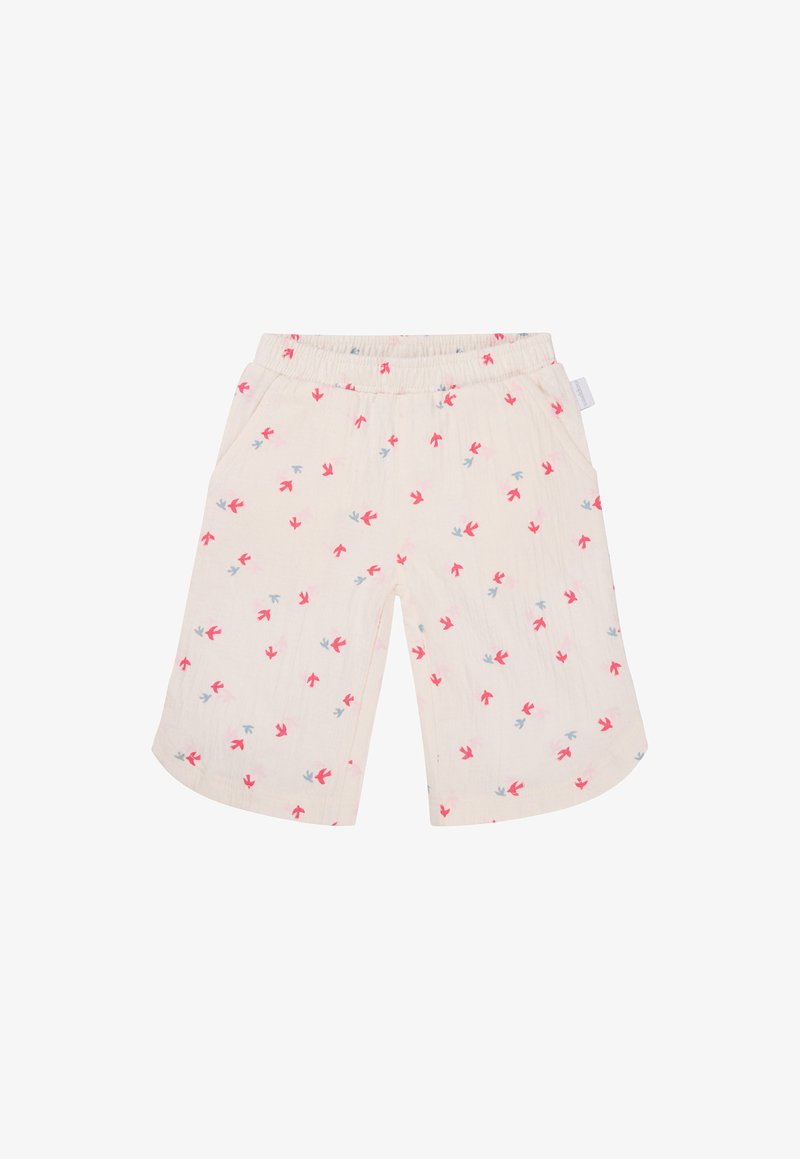 Helle Beigefarbene Shorts mit weicher Textur, versehen mit einem Muster aus rosa und blauen Vogelabdrücken. Mit elastischem Bund und Seitentaschen.