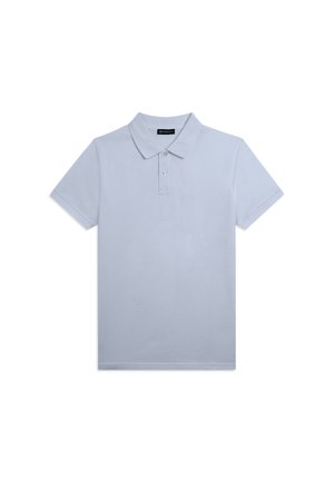 Polo a maniche corte grigio chiaro con colletto e due bottoni sulla patta, distesa su uno sfondo bianco.
