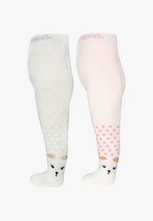Ein Paar Kinderstrumpfhosen mit Tiergesicht und Ohren an den Füßen, eine in Hellgrau und die andere in Hellrosa mit Punkten.