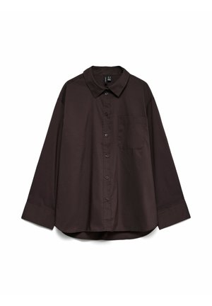 Tumedat pruunist kangast triiksärk krae, pika varruga ja rinnataskuga. Valmistatud siledast kangast, millel on kerge läige.