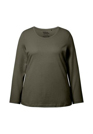 Langarmhemd in olivgrün, aus weicher Baumwolle gefertigt. Mit rundem Halsausschnitt und gerader Silhouette. Minimalistisches Design, ohne Muster.