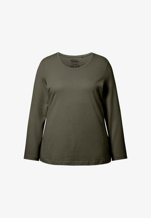 Langarmhemd in olivgrün, aus weicher Baumwolle gefertigt. Mit rundem Halsausschnitt und gerader Silhouette. Minimalistisches Design, ohne Muster.