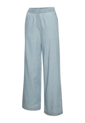 Light blue wide-leg pants with elastic waistband, subtle stitching, and no visible pockets, shown against a white background.