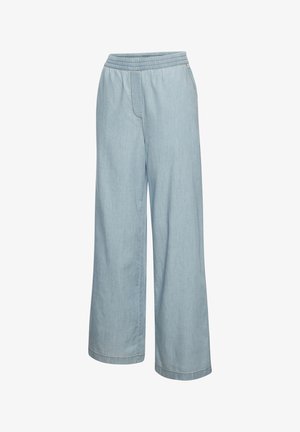 Hellblaue Weite Hosen mit elastischem Bund, dezenter Nahtführung und ohne sichtbare Taschen, dargestellt vor weißem Hintergrund.